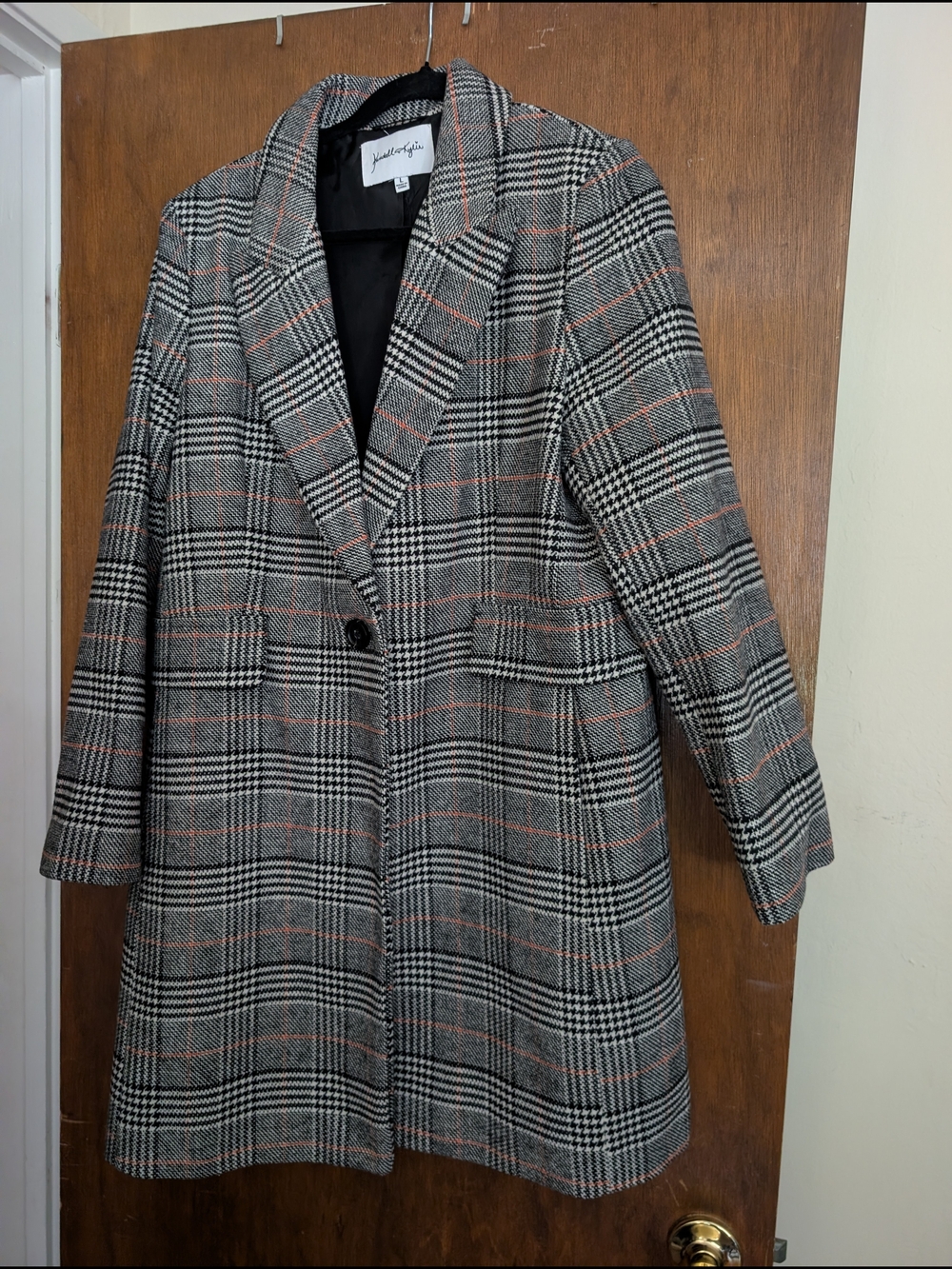 Kendall & Kylie Gray Plaid Long Blazer with Orange Pinstripe Women's L